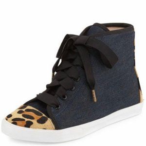 kate spade linus denim & calf hair high-top sneaker shoe size 6.5 nwot